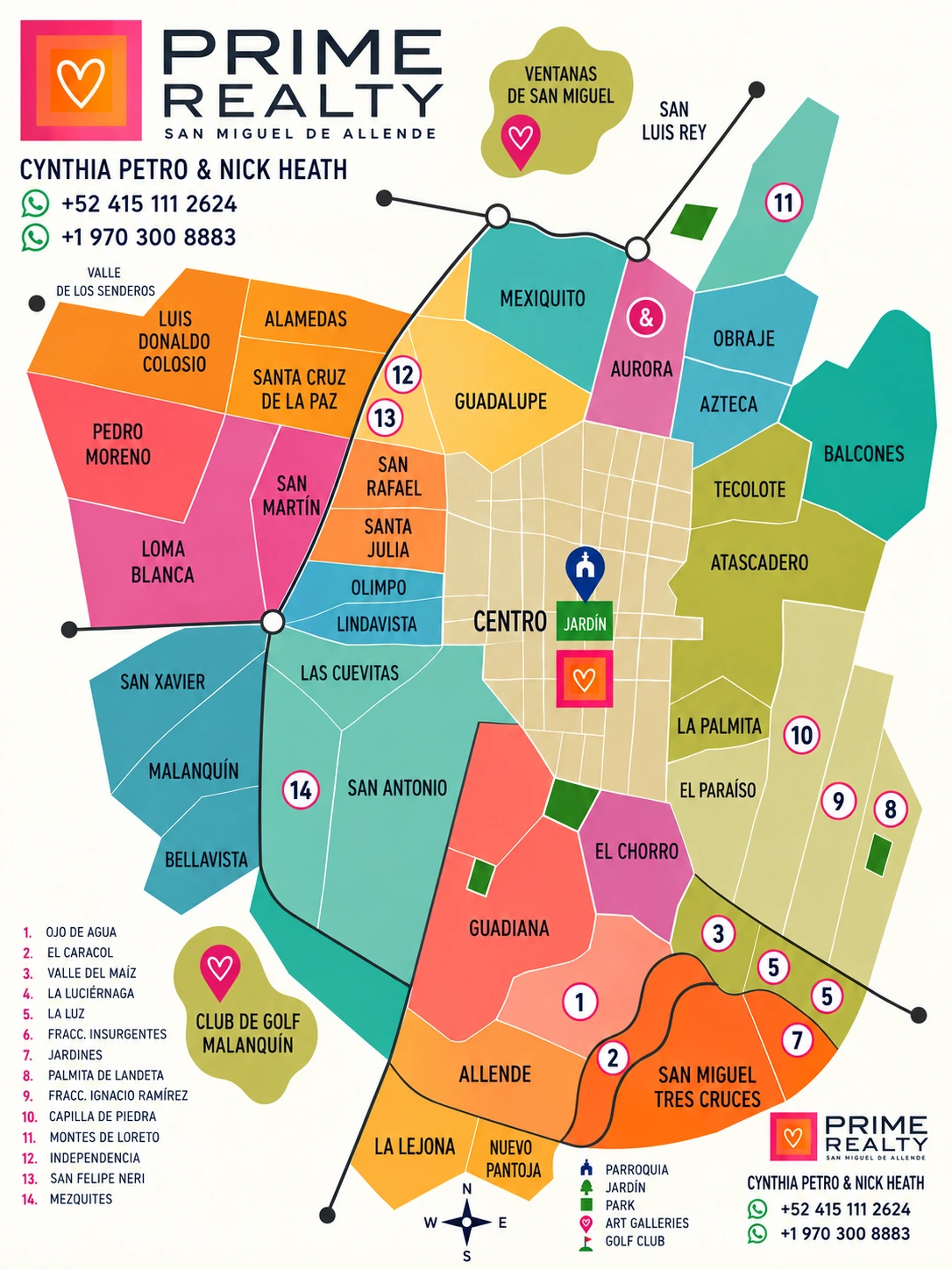 Illustrated map of the neighbourhoods of San Miguel de Allende by Prime Realty